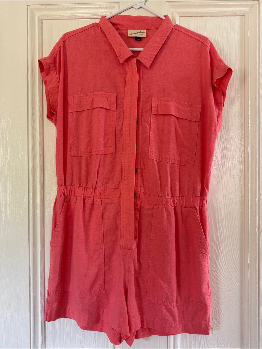 Universal Thread Coral Button-Front Short Sleeve Linen Rayon Romper sz 10